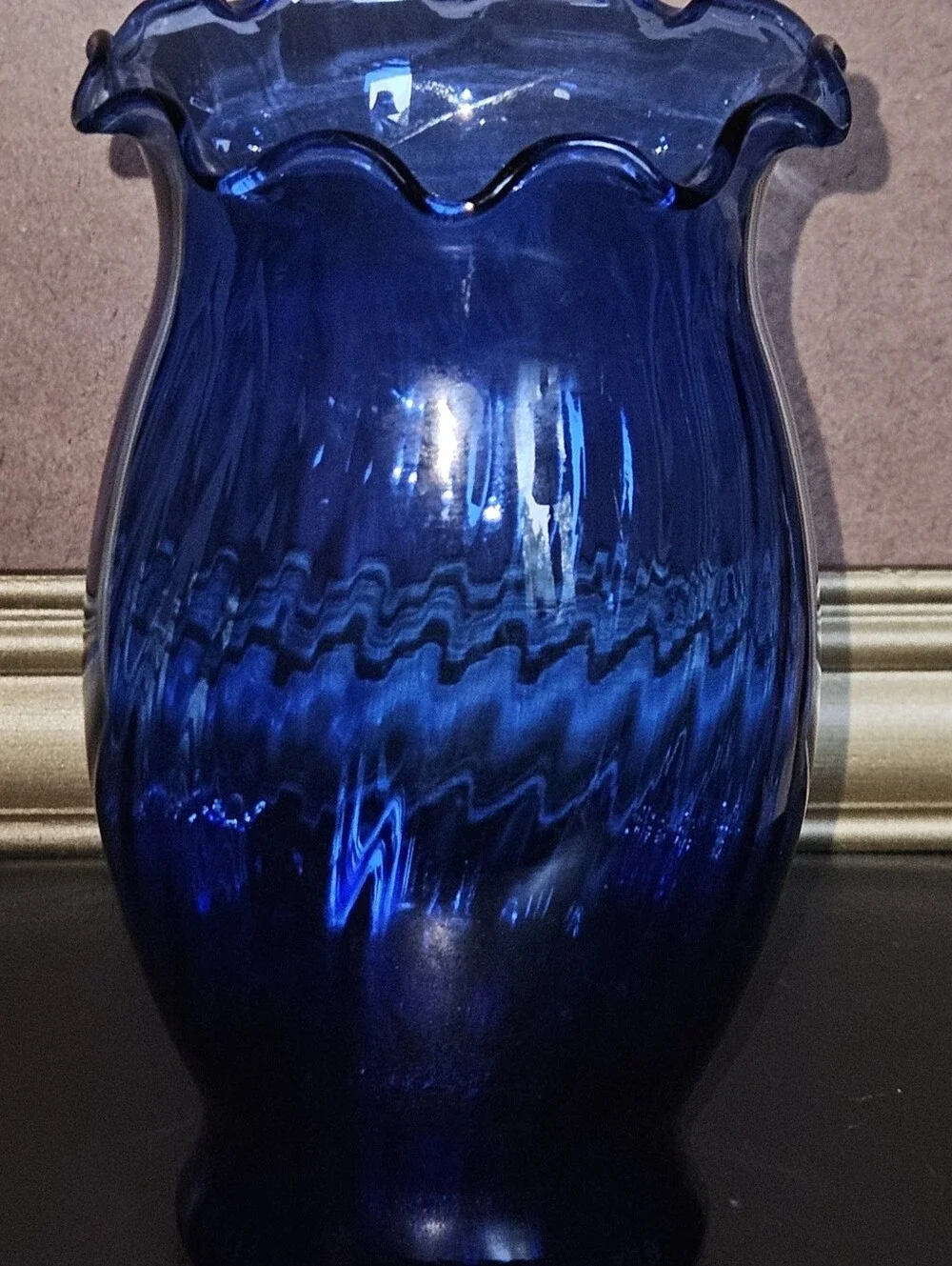 Vintage Anchor Hocking Cobalt Blue Swirl Glass Vase Ruffled/Scalloped Edge